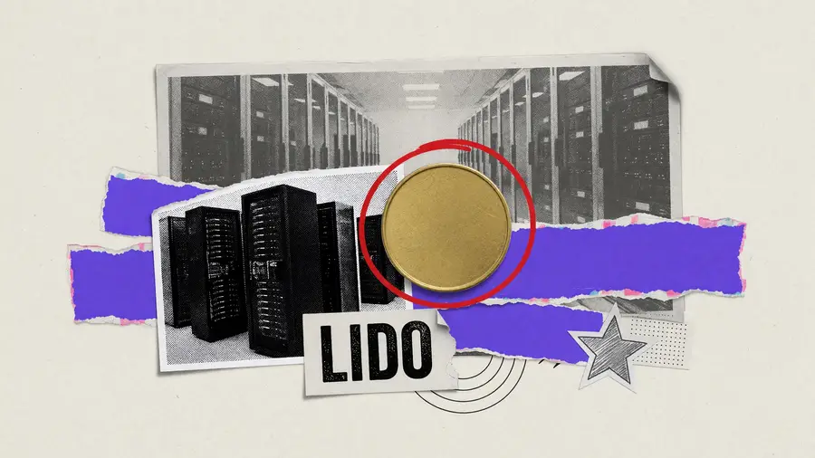 Cut-paper collage of server racks and a plain round token, labelled LIDO, for Lido