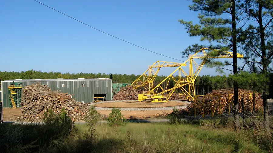 Log yard with stacked timber and a yellow crane beside a mill building in a pine forest in Virginia