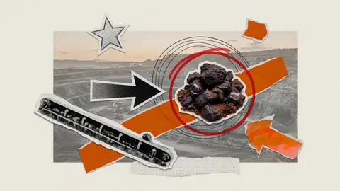 A single pile of dark manganese ore lumps in a paper collage over a monochrome open-pit mine