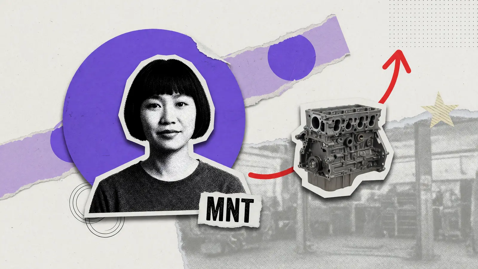 Black-and-white halftone portrait of an unnamed woman with a short bob, beside a colour engine block and one upward red arrow, labelled MNT, for Mantle.
