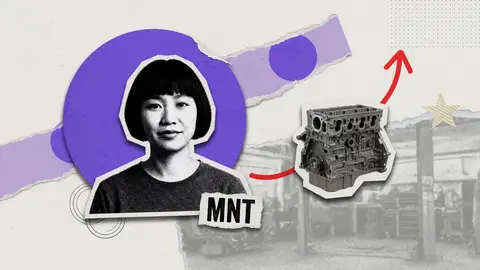 Black-and-white halftone portrait of an unnamed woman with a short bob, beside a colour engine block and one upward red arrow, labelled MNT, for Mantle.