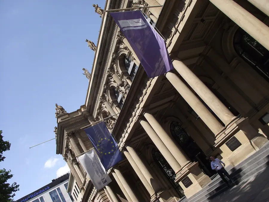 Frankfurt Stock Exchange exterior on Börsenplatz, stone facade and columns in daylight
