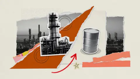 Paper collage of a refinery tower and a sealed blank drum, split by a torn edge, with one red arrow pointing up, for the naphtha move.