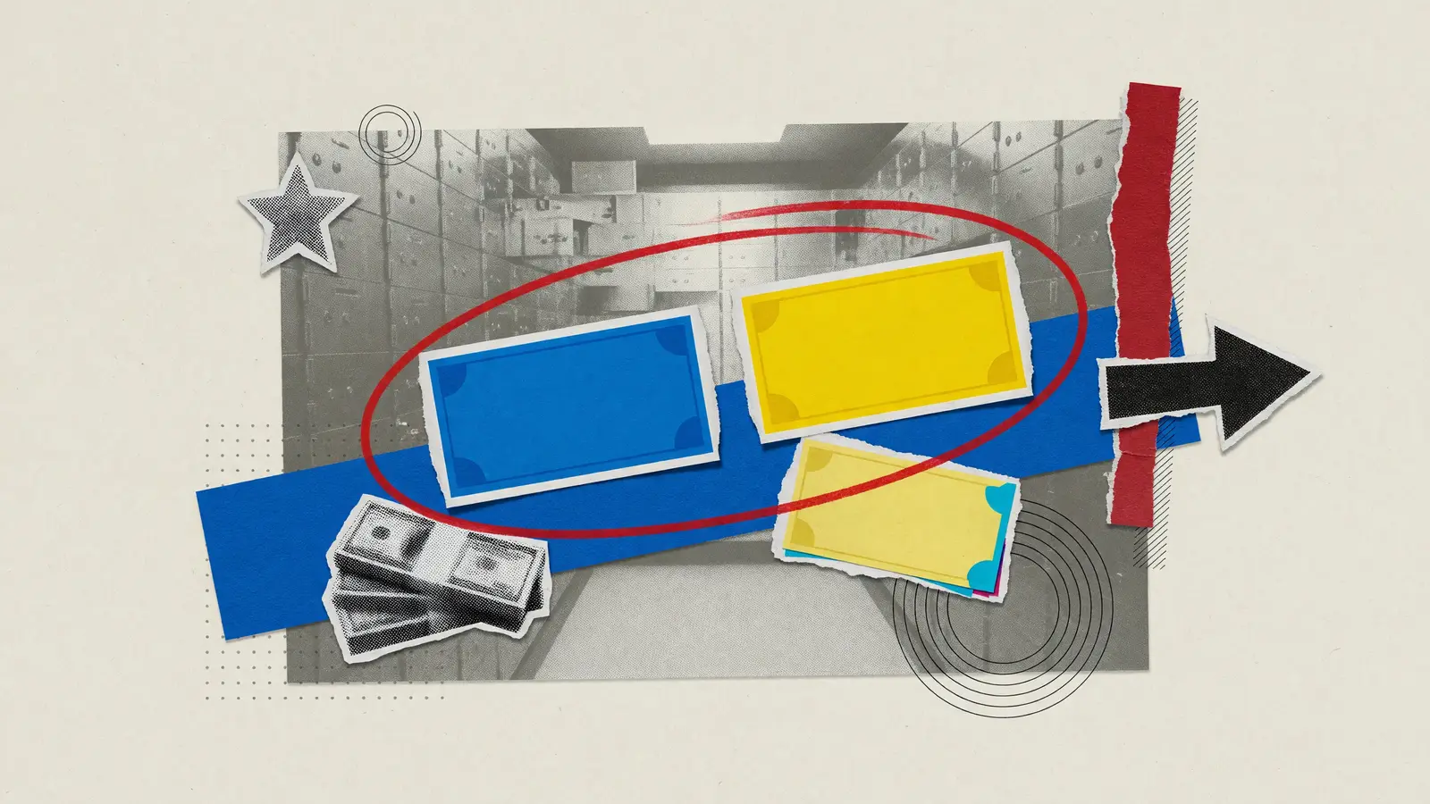 Two blank banknotes, one blue and one yellow, side by side in a paper collage for the NOK/SEK cross