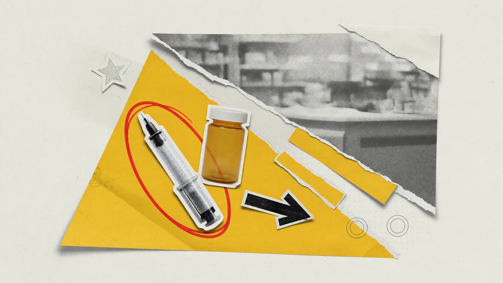 Torn-paper collage of a plain syringe and an unmarked amber pill bottle on mustard yellow, for a Novo Nordisk explainer.