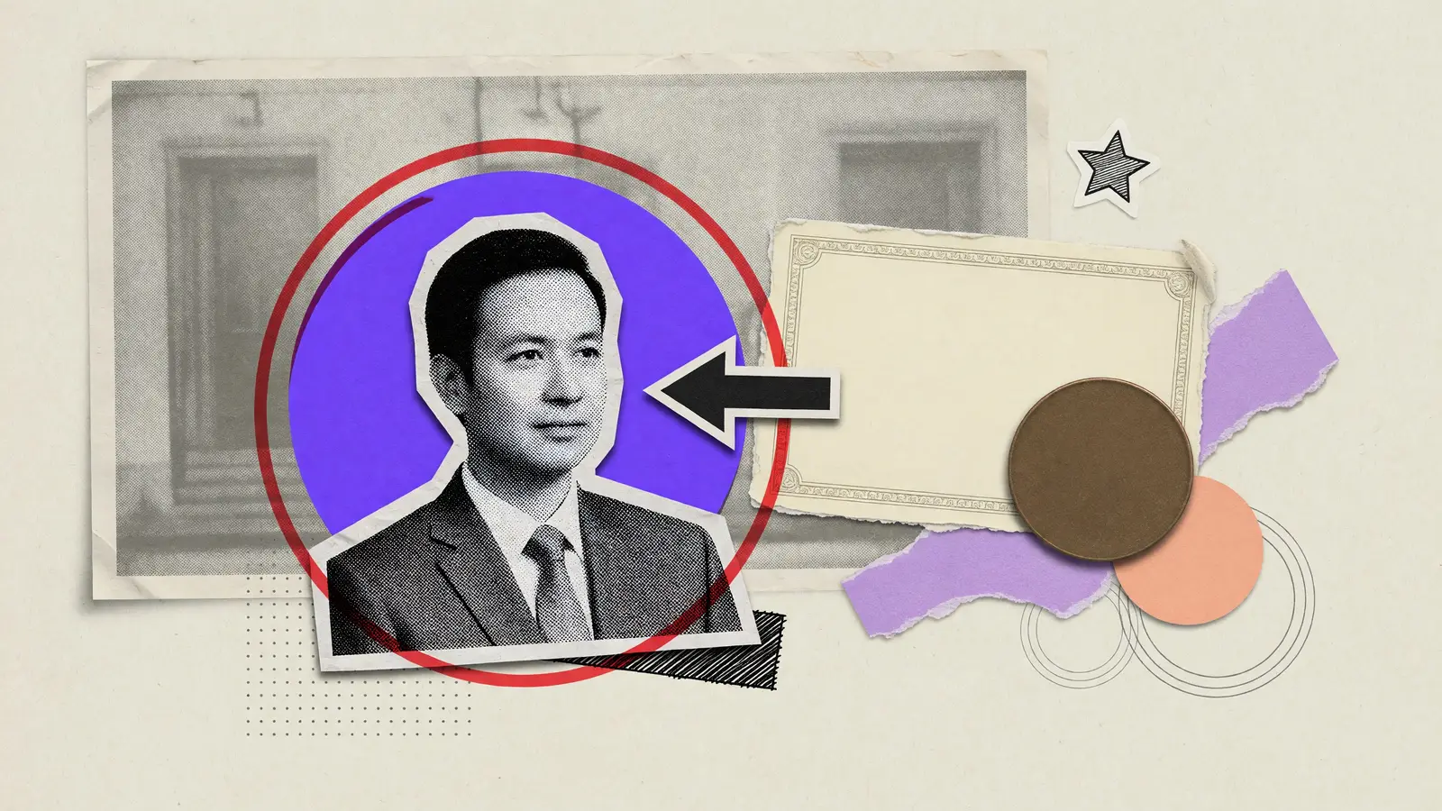 Halftone portrait of an unnamed person beside a blank Treasury certificate and a plain round token, for an explainer on Ondo Finance.