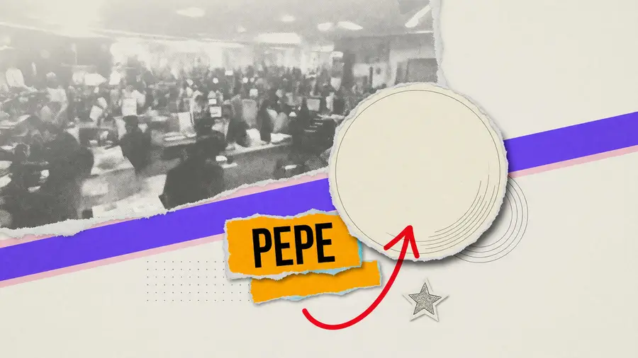 Paper-collage illustration of an oversized blank coin, a torn label reading PEPE and one red arrow pointing up, for Pepe.