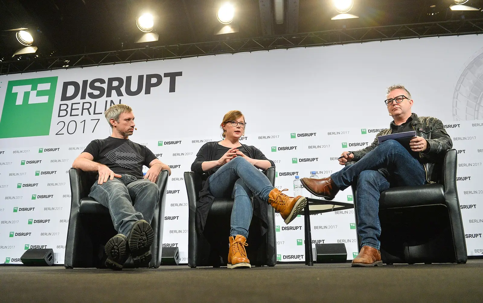 Panel at TechCrunch Disrupt Berlin on 5 December 2017, including Parity founders Gavin Wood and Jutta Steiner.