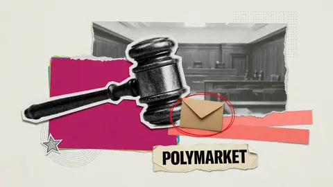 Cut-paper collage of a gavel and a sealed envelope, labelled POLYMARKET, for Polymarket resolution