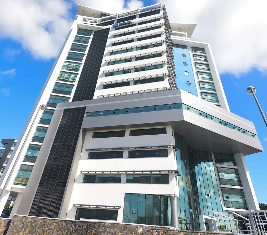 Maeva Tower, a commercial high-rise in Ebene Cybercity, Mauritius. Banque des Mascareignes signage is on the tower. The photograph is not PU Prime's office and not a regulator building.