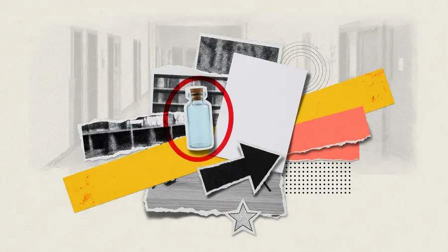 Paper-collage illustration of a blank glass medicine vial beside a blank sheet of paper, for the Regeneron stock forecast.