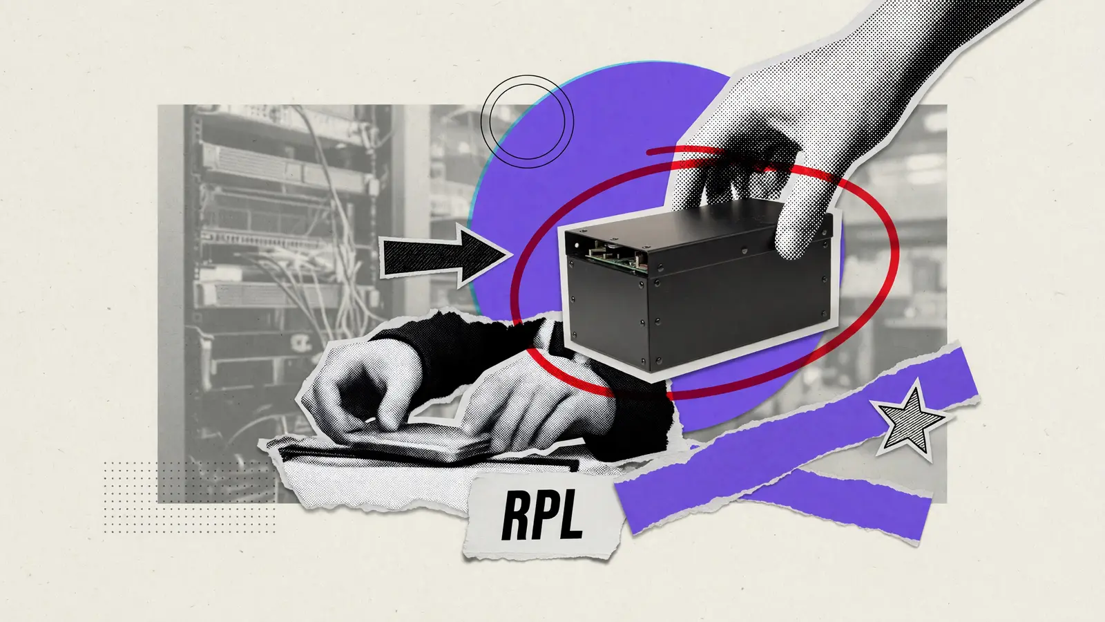 A node operator's hands place a small hardware staking box inside a red circle, with an RPL paper label.