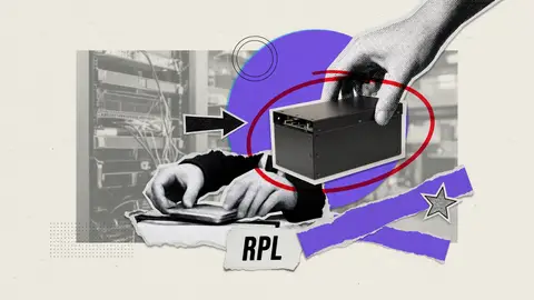 A node operator's hands place a small hardware staking box inside a red circle, with an RPL paper label.