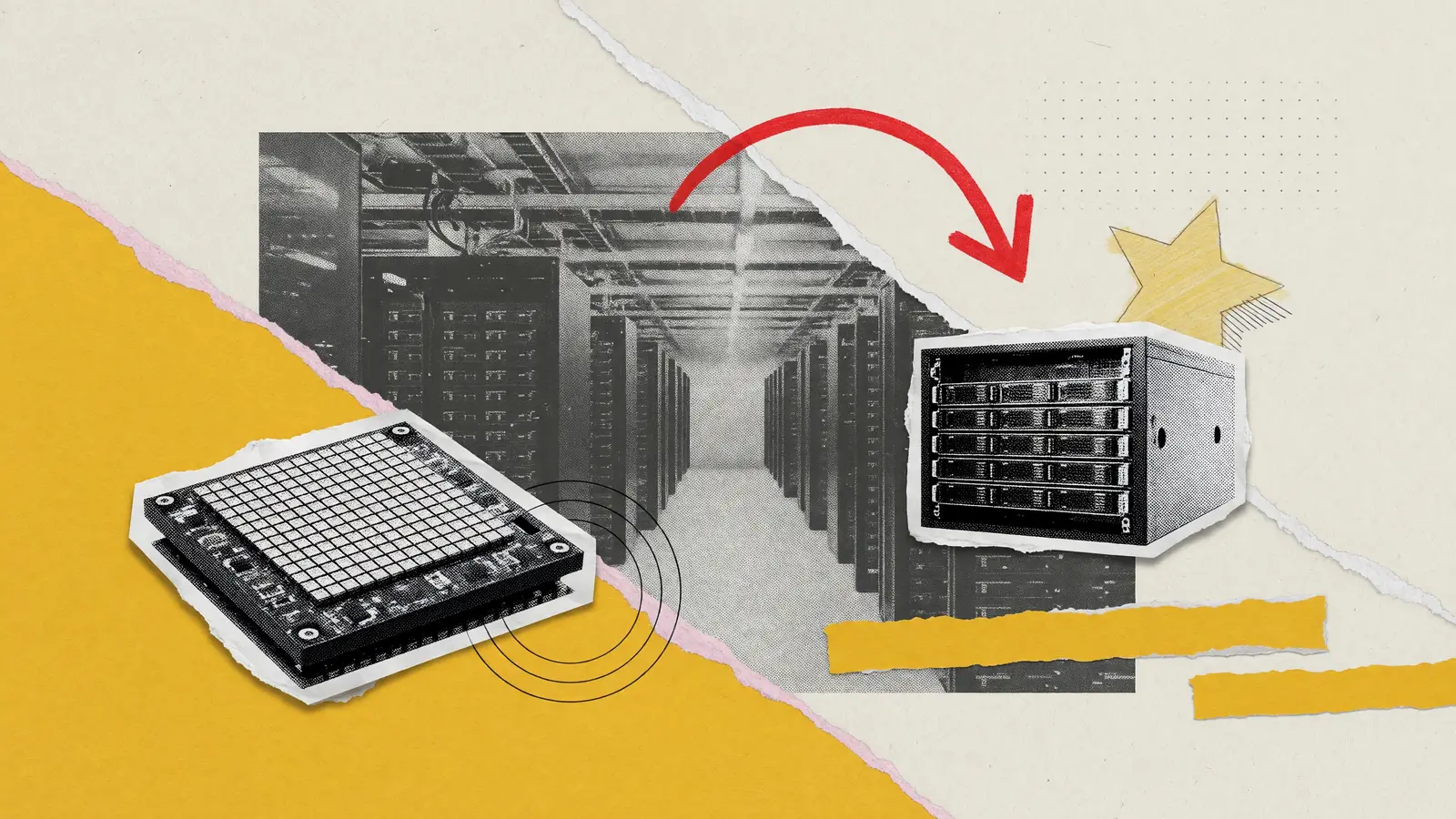 Illustration of a memory chip beside a blank server rack, with one downward arrow, for Sandisk stock