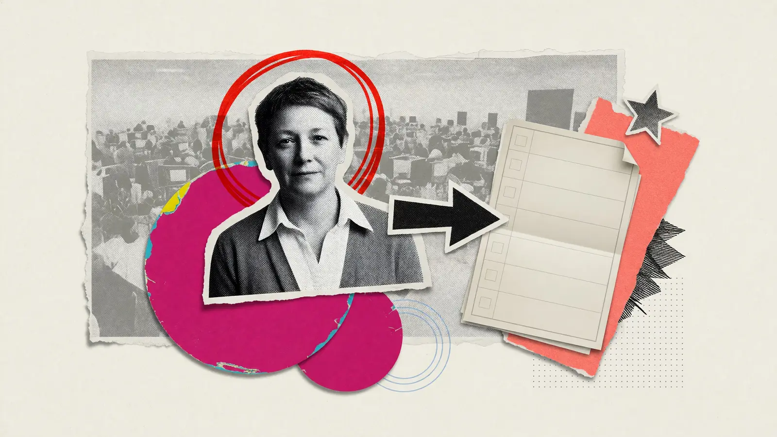 Paper collage of a halftone portrait beside a blank upright ballot for the Senate tossup slate