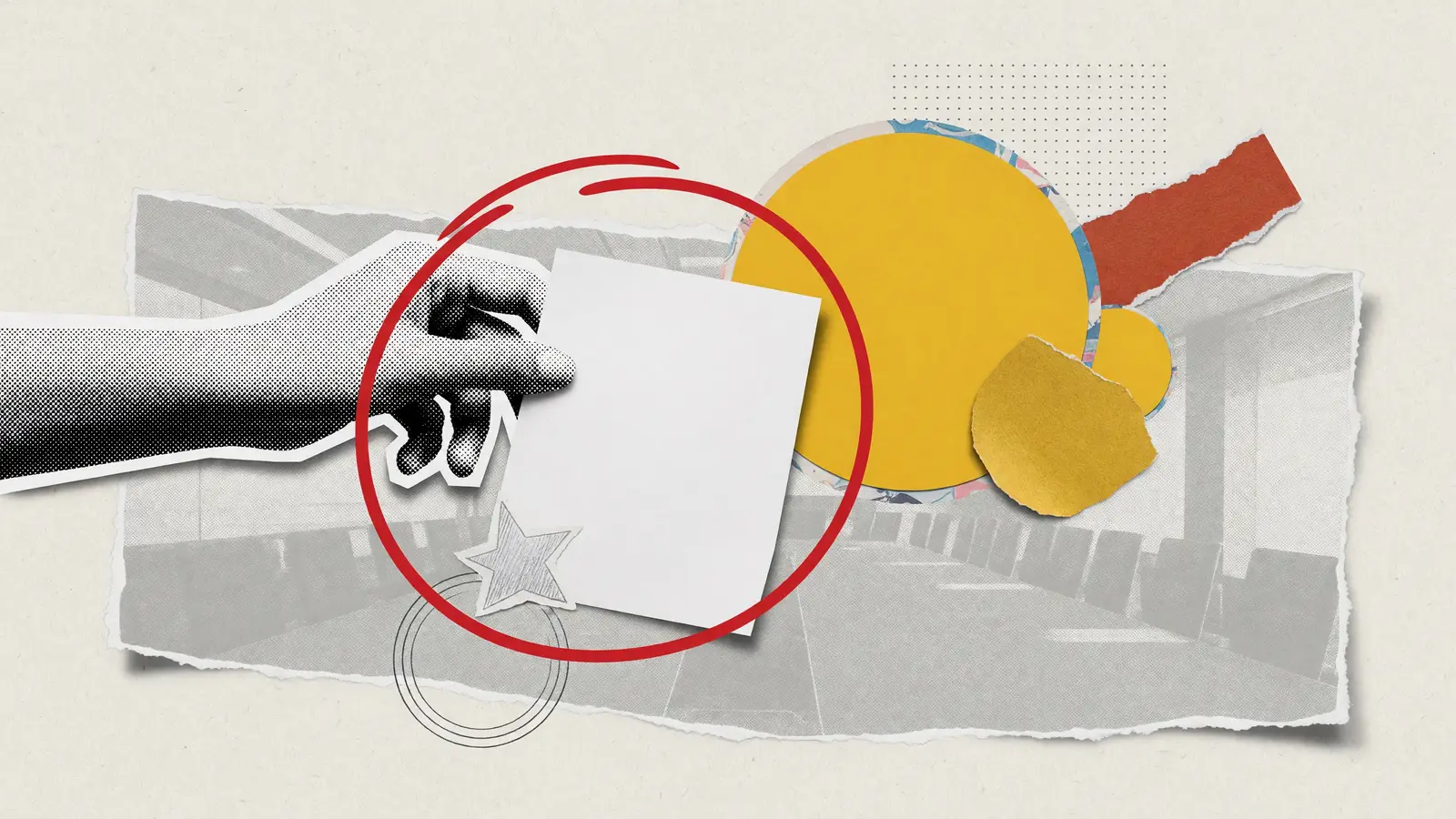 A halftone hand holds a blank sheet of paper in front of a mustard circle, the illustration for a ServiceNow contract-backlog comparison.