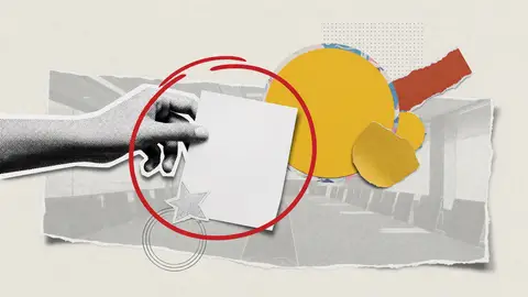 A halftone hand holds a blank sheet of paper in front of a mustard circle, the illustration for a ServiceNow contract-backlog comparison.