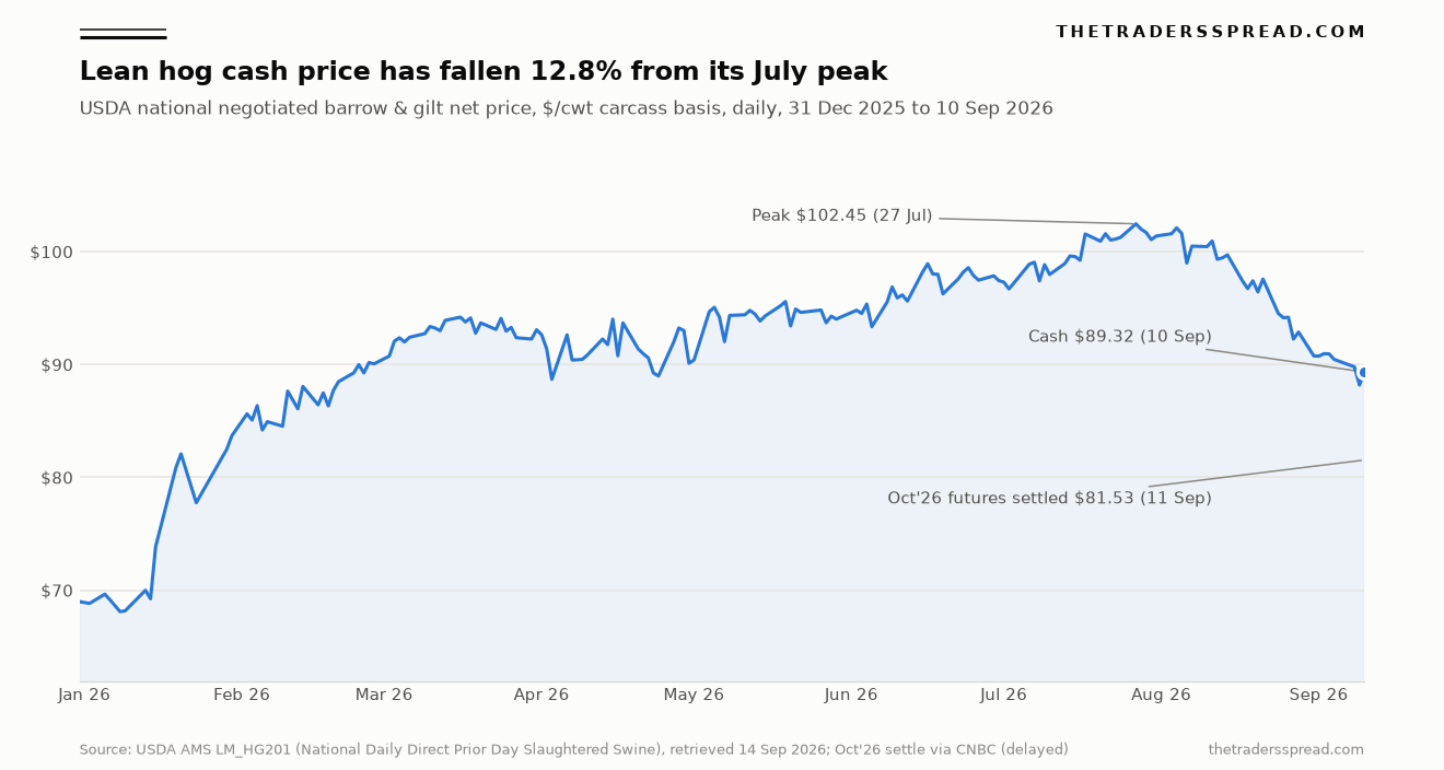 Line chart of the USDA national negotiated lean hog cash price from 31 December 2025 to 10 September 2026, peaking at $102.45 on 27 July and falling to $89.32, with the October 2026 futures settlement of $81.53 marked below it