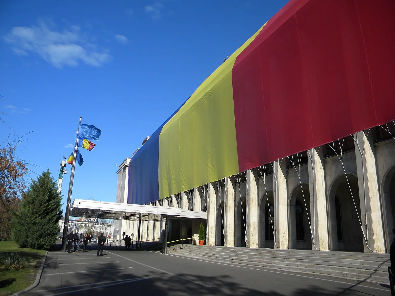Victoria Palace in Bucharest, seat of the Government of Romania, draped in the national tricolour