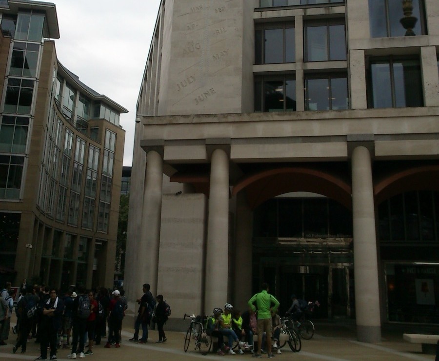 The London Stock Exchange building at 10 Paternoster Square in the City of London, with its sundial facade and colonnade