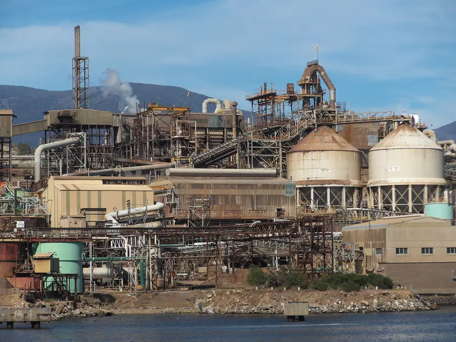 The Nyrstar zinc smelter at Hobart, Tasmania, with its calcine storage silos on the Derwent River