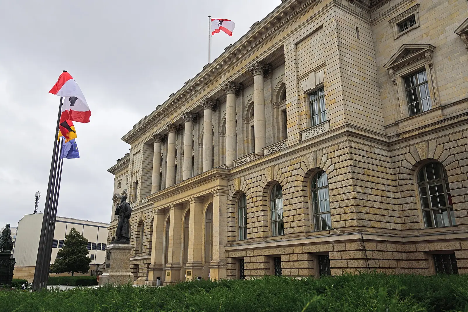 The Abgeordnetenhaus of Berlin, the former Prussian Landtag on Niederkirchnerstrasse, with the Berlin state flag flying above the portico