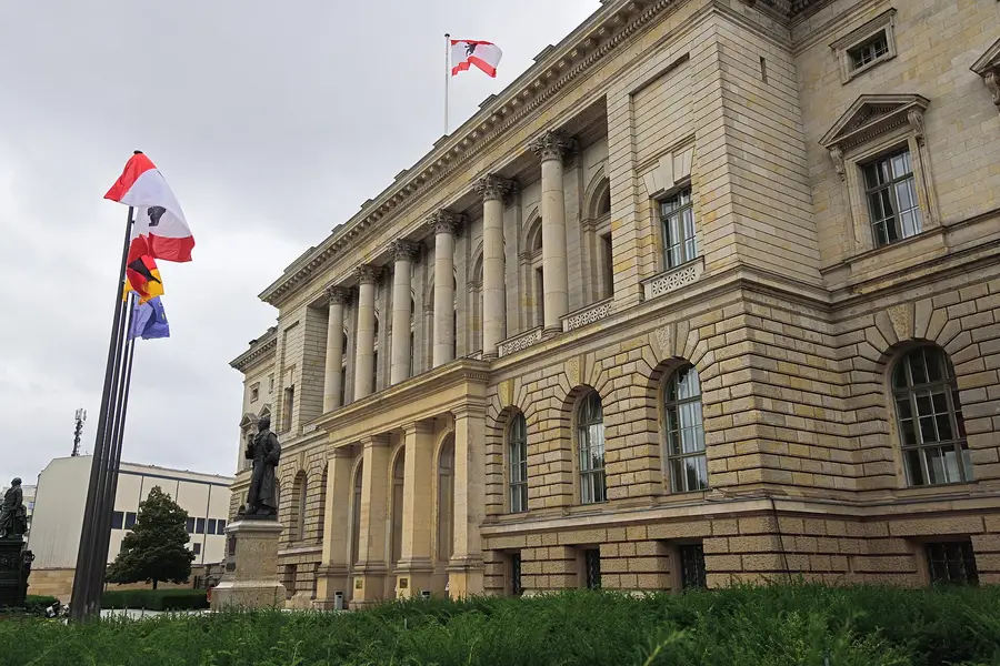 The Abgeordnetenhaus of Berlin, the former Prussian Landtag on Niederkirchnerstrasse, with the Berlin state flag flying above the portico