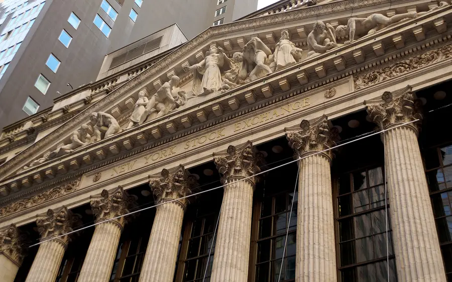 The Broad Street facade of the New York Stock Exchange with its carved pediment and Corinthian columns