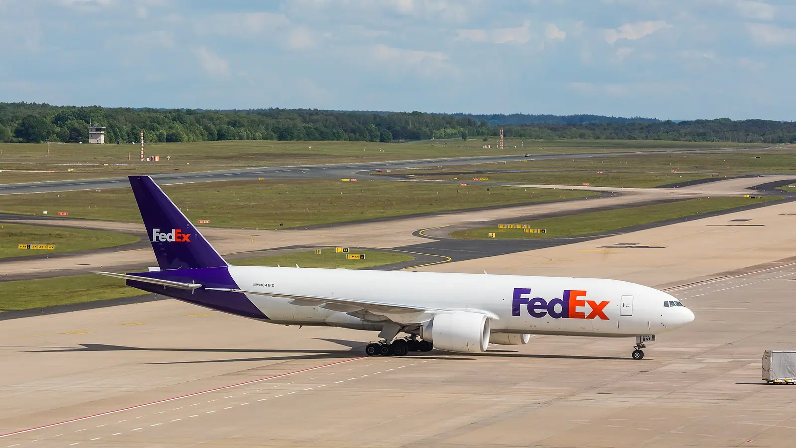A FedEx Express Boeing 777 freighter, registration N841FD, taxiing at Cologne Bonn Airport in May 2026