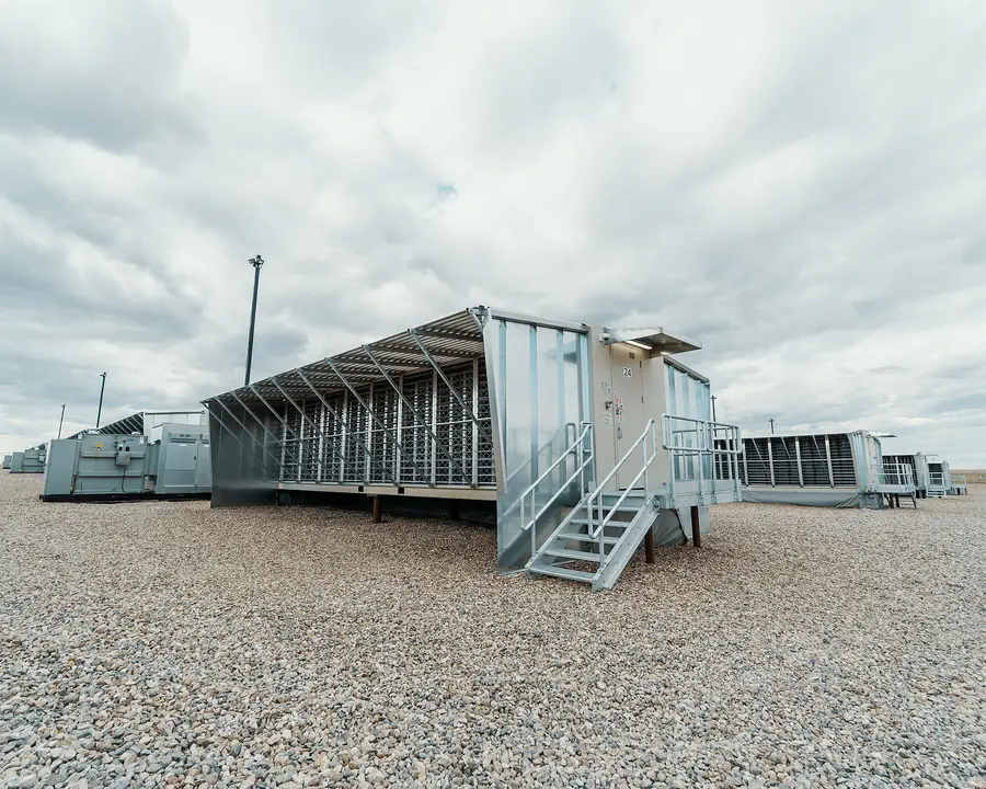 A Bitfury BlockBox AC modular bitcoin mining datacentre on gravel at the Hut 8 site in Medicine Hat, Alberta