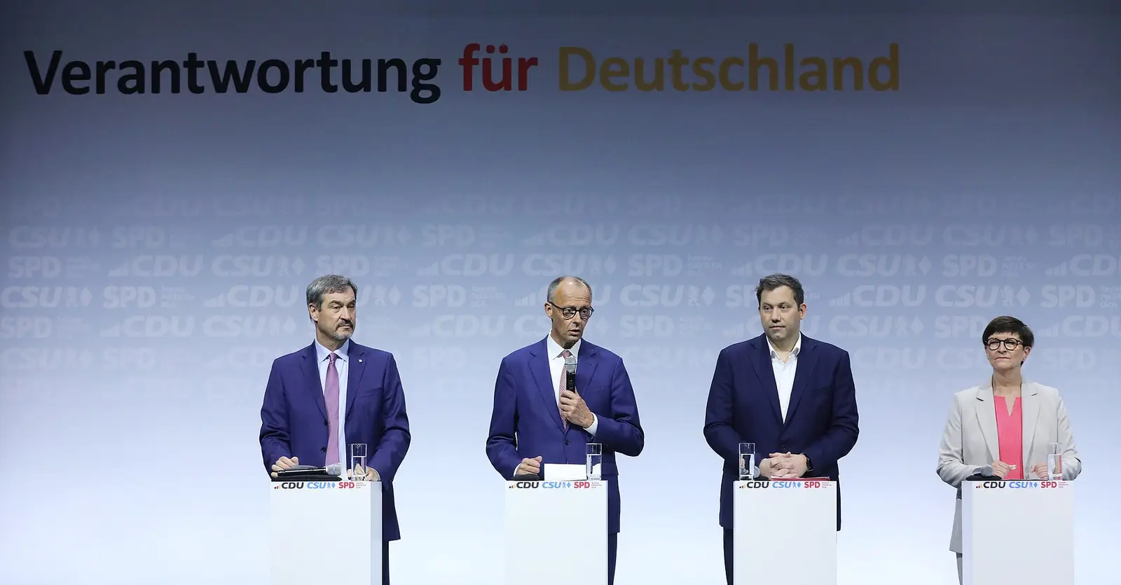 Markus Soeder, Friedrich Merz, Lars Klingbeil and Saskia Esken at the signing of the CDU/CSU-SPD coalition agreement in Berlin, 5 May 2025