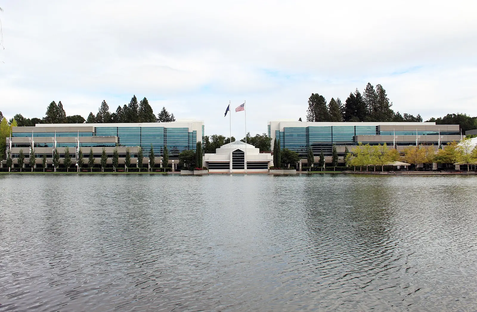 Nike World Headquarters in Beaverton, Oregon, seen across the campus lake