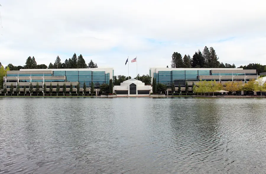Nike World Headquarters in Beaverton, Oregon, seen across the campus lake