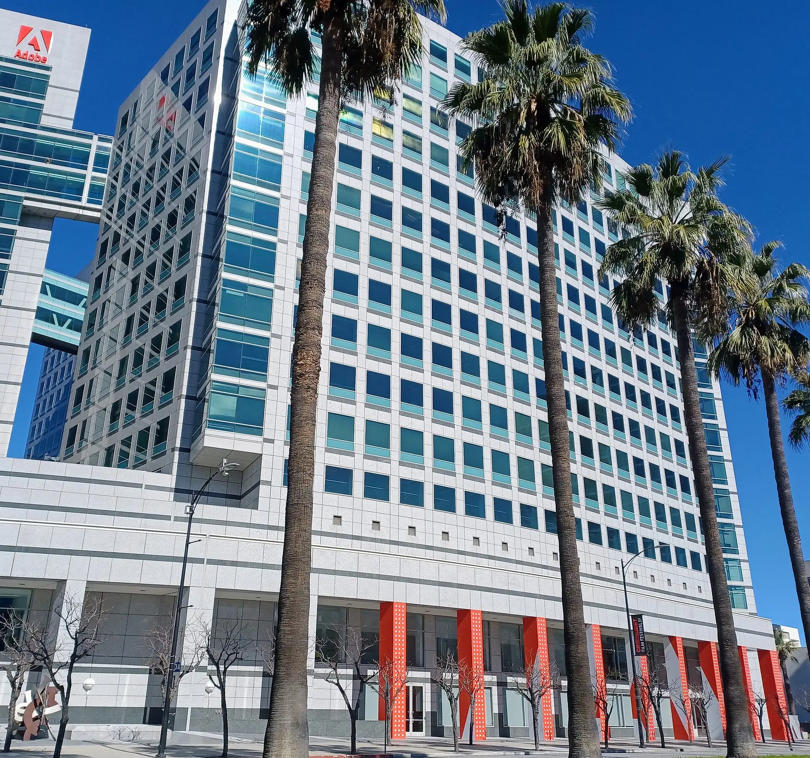 Adobe East Tower office building with the Adobe logo in downtown San Jose, California