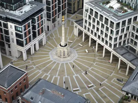 Paternoster Square in the City of London, home of the London Stock Exchange, seen from above with its central column
