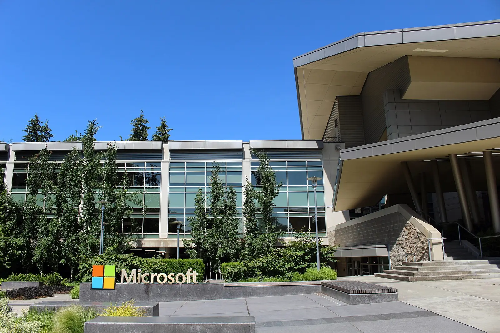 The Microsoft logo sign outside Building 92 on the Microsoft campus in Redmond, Washington