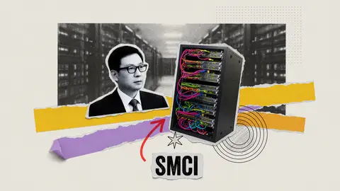 Suited executive in glasses beside a dense server rack, an illustration for the Super Micro stock forecast