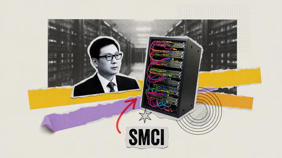 Suited executive in glasses beside a dense server rack, an illustration for the Super Micro stock forecast