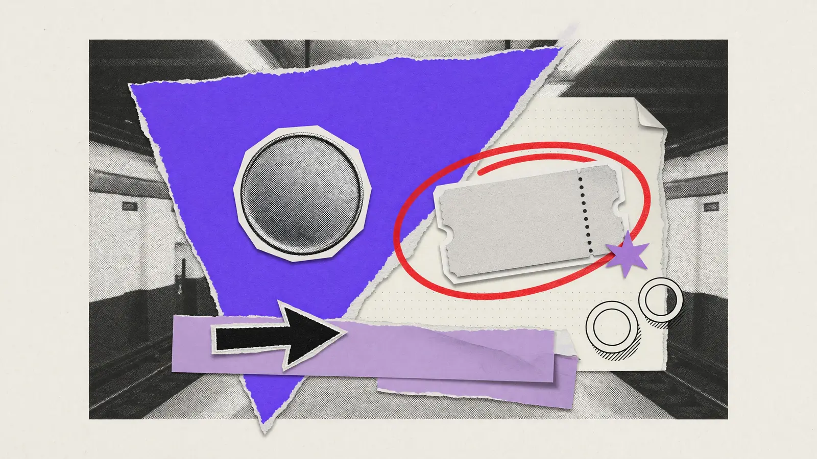 Synthetix illustration: a torn paper collage split by a diagonal edge, with a blank coin on the left and a blank ticket on the right