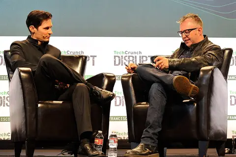 Pavel Durov, left, on stage with Mike Butcher at TechCrunch Disrupt in San Francisco on 21 September 2015