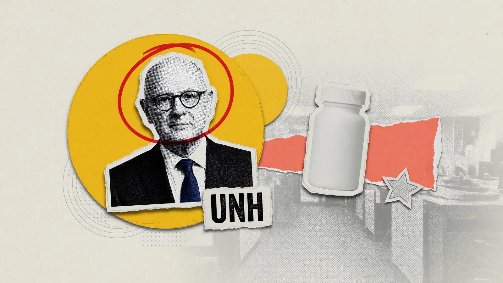 Cut-paper portrait of a bald man in round glasses beside a blank pill bottle, labelled UNH, for UnitedHealth