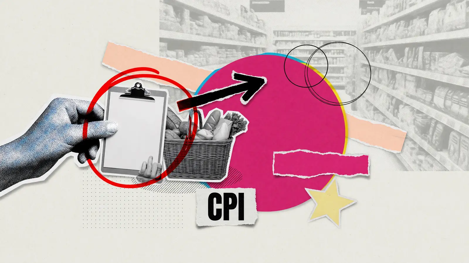 A halftone hand holds a blank clipboard beside a grocery basket, with a torn-paper label reading CPI, illustrating US CPI settlement.