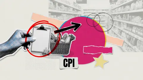 A halftone hand holds a blank clipboard beside a grocery basket, with a torn-paper label reading CPI, illustrating US CPI settlement.