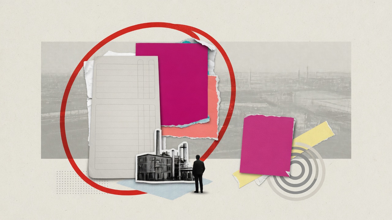 A small figure faces a giant blank statistical form and a tiny factory, the collage for a US GDP growth bucket