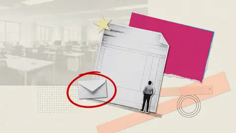 Giant blank timesheet beside a smaller sealed pay packet, with one small figure, for US nonfarm payrolls