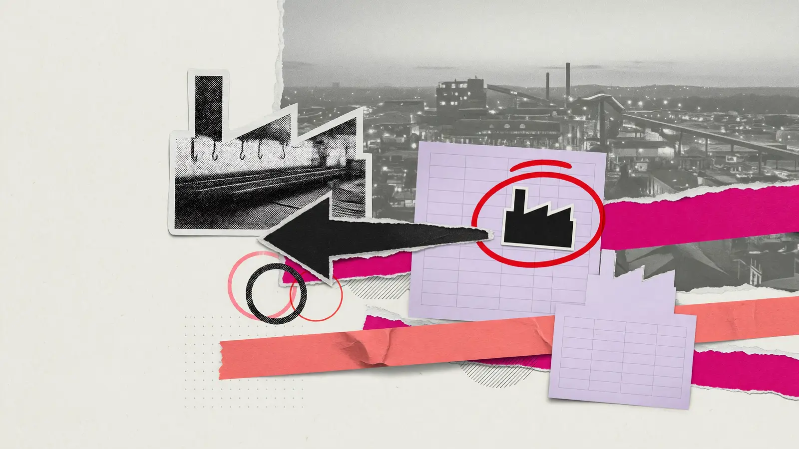 Paper collage of a blank statistical sheet and a factory silhouette, for US PPI
