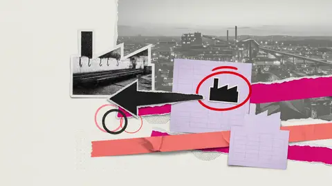 Paper collage of a blank statistical sheet and a factory silhouette, for US PPI
