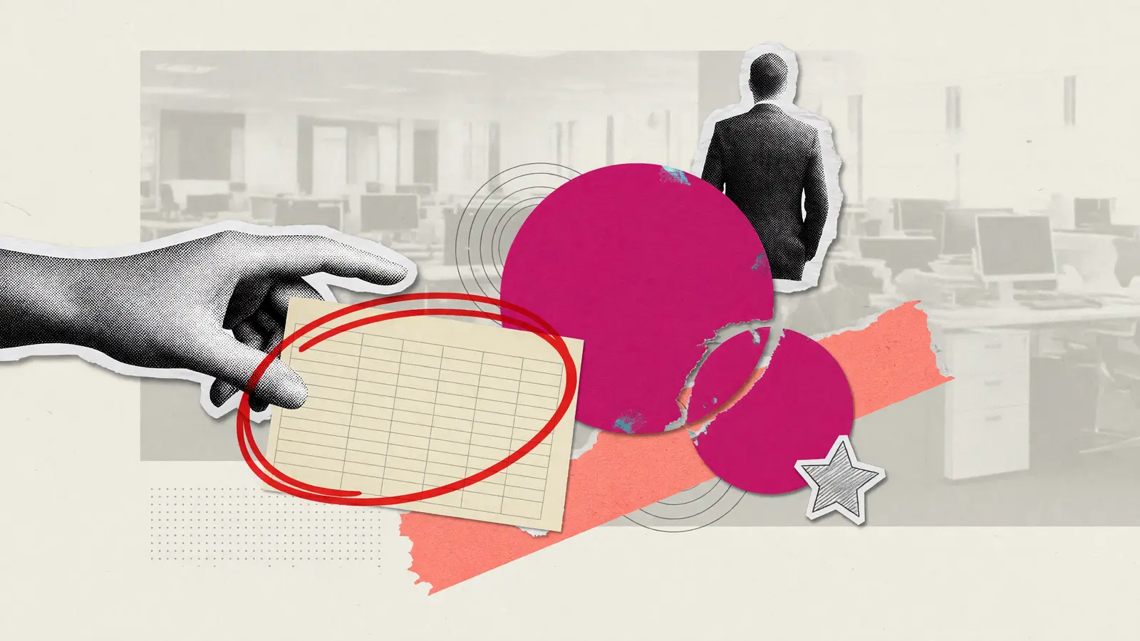 A halftone hand placing a blank statistical form inside one red circle, with a magenta shape and an anonymous figure seen from behind, for the US unemployment rate.