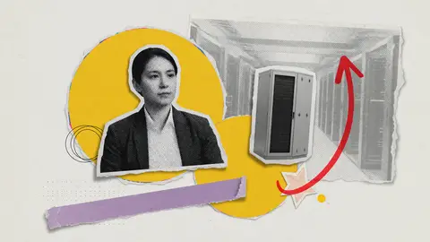 Illustration of an anonymous halftone portrait beside an unmarked server cabinet and a single upward arrow, for Vertiv (VRT).